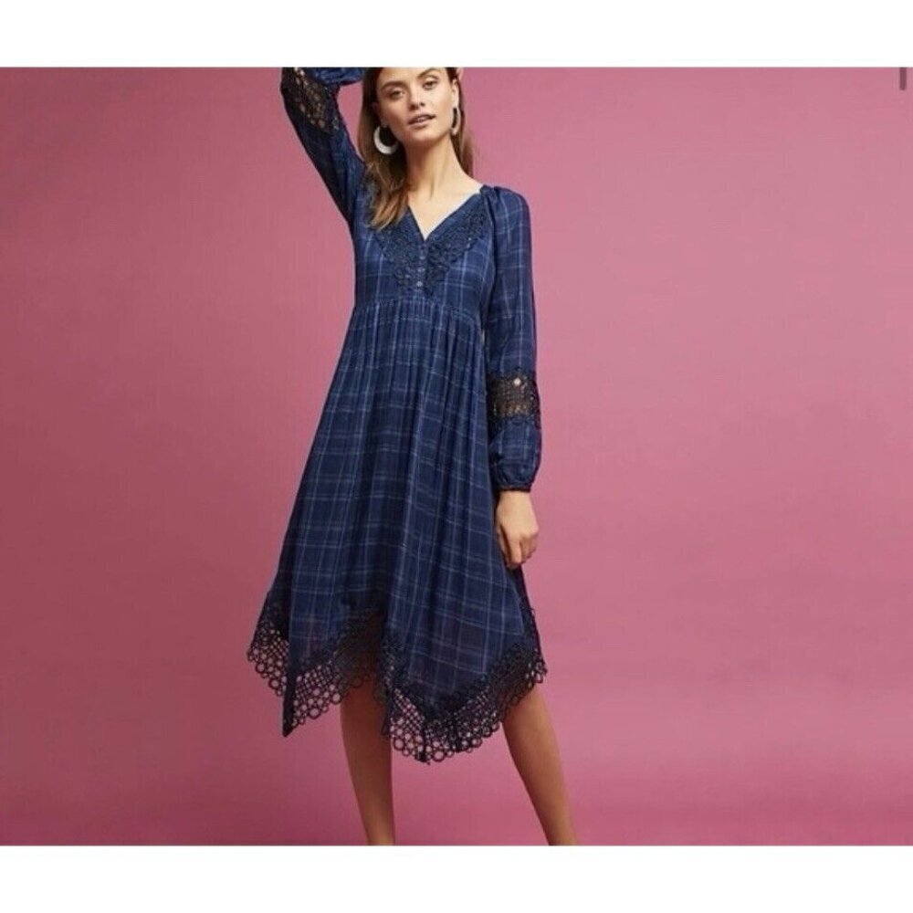 AKEMI + KIN ANTHROPOLOGIE Codie Kerchief DRESS‎ Crochet Trim Blue Plaid Size
